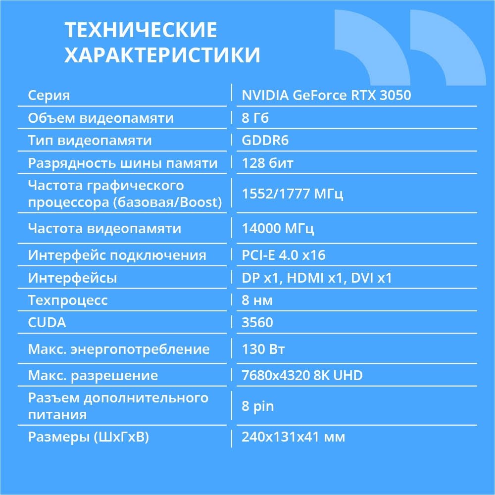 Видеокарта CBR RTX3050 8Gb GDDR6, 128bit,  DP + HDMI 2.1 + DVI, 130W, Ret [VGA-STX3050-8G-RTL]