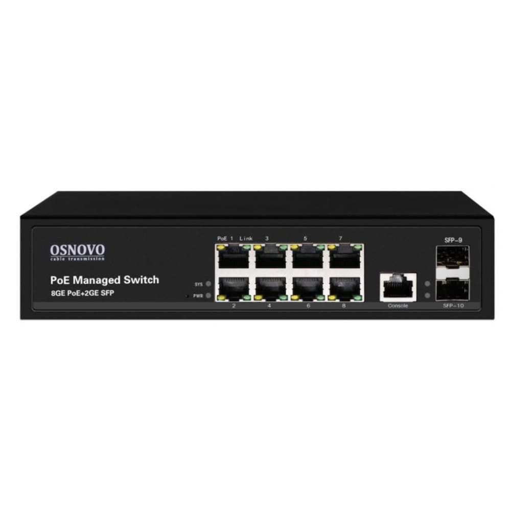 Коммутатор/ OSNOVO Гигабитный PoE коммутатор на 10 портов, 8 *10/100/1000 Base-T PoE, 2*SFP 1000 Base-T, PoE на порт до 30W, суммарно до 150W, SW-80802(150W)