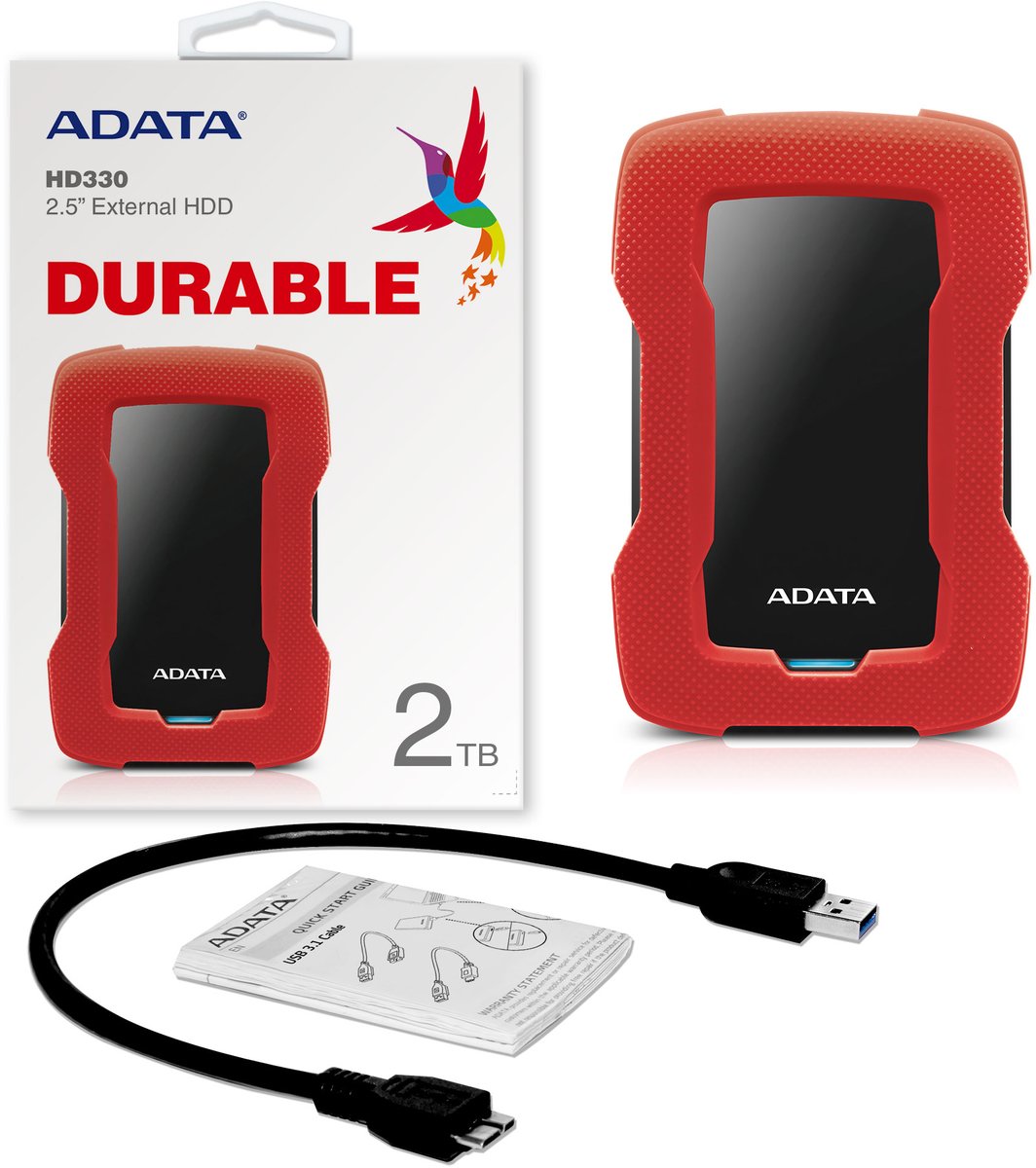 Внешний жесткий диск/ Portable HDD 2TB ADATA HD330 (Red), Silicone, USB 3.2 Gen1, 133x89x16mm, 190g /3 года/, AHD330-2TU31-CRD