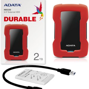 Внешний жесткий диск/ Portable HDD 2TB ADATA HD330 (Red), Silicone, USB 3.2 Gen1, 133x89x16mm, 190g /3 года/, AHD330-2TU31-CRD