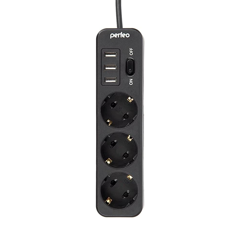 Perfeo сетевой фильтр "POWER STREAM", 2500W, двойная защита, 2м, 3 розетки, 3 USB, черный., PF_C3907