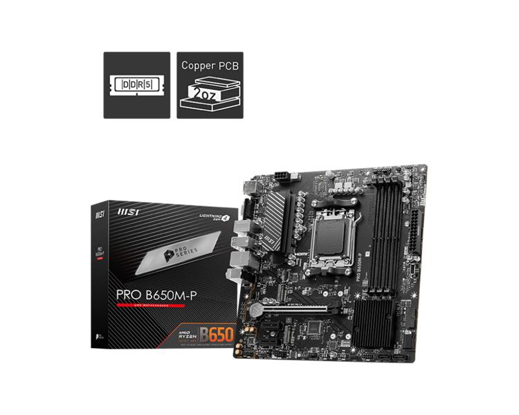 Материнская плата MSI PRO B650M-P,B650,AM5,4DDR5,1PCI-Ex16,2PCI-Ex1,2M.2,4SATA3,3USB3.2 Gen2(2A+1C),4USB3.2 Gen