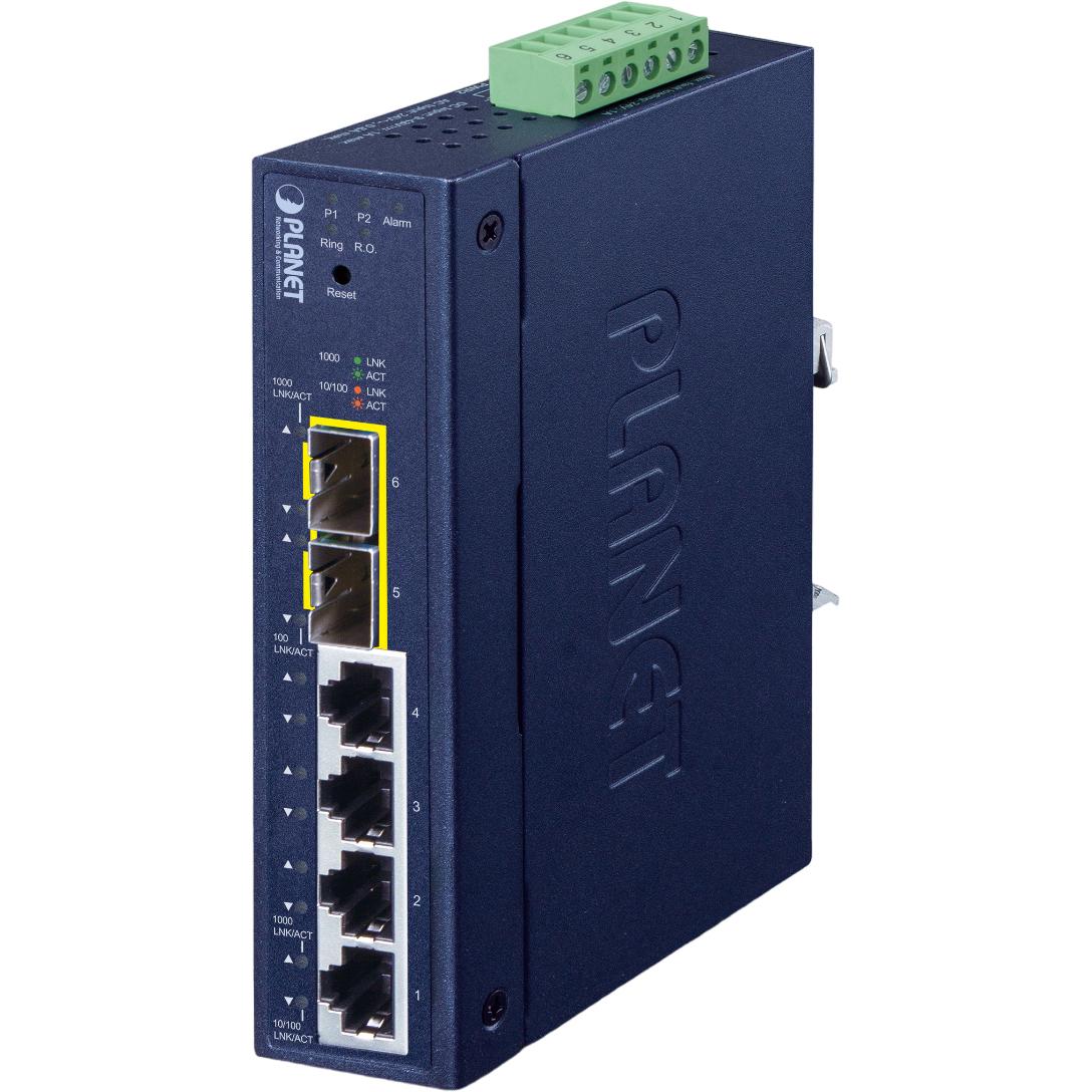 коммутатор/ PLANET IGS-4215-4T2S IP30 Industrial L2/L4 4-Port 10/100/1000T + 2-Port 100/1000X SFP Managed Switch (-40~75 degrees C, dual redundant power input on 9~48VDC/24VAC terminal block, supports ERPS Ring, CloudViewer app, MQTT and Cybersecurity feature)