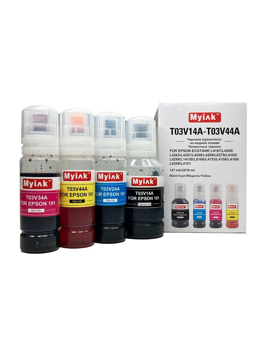 Чернила MyInk для Epson Ecotank L4167, L4266, L4263, L4267, L4268, L4269, L6279, L4165, L6268, L14158, L6168, L4153, L4156, L4169, L6298, L4151 (101/102) пигментные black 1x127мл (c) водные color 3x70 мл, KeyLock, комплект 4 цвета