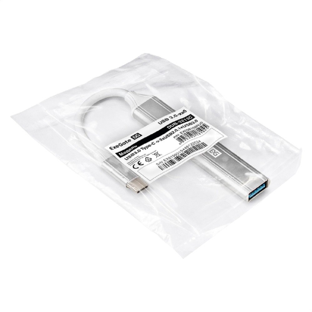Exegate EX298168RUS USB-Хаб (концентратор) 4-в-1 ExeGate DUB-3213C (кабель-адаптер USB3.0 Type-C --> 3xUSB2.0, 1xUSB3.0, Plug&Play, Серебристый)