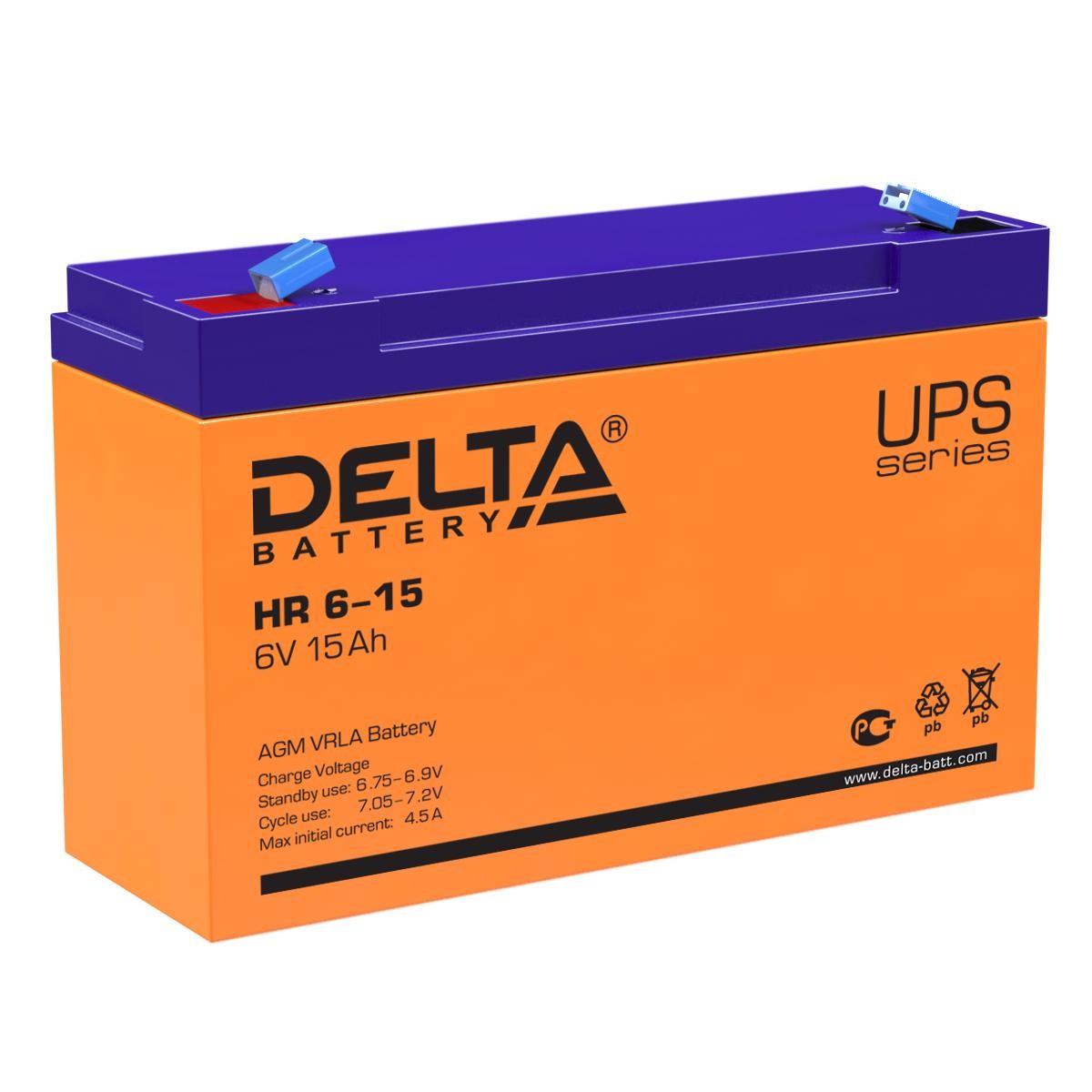 Аккумуляторная батарея Delta HR 6-15 6В/15Ач, клемма F1 (151х50х94мм (100мм); 1,95кг; Срок службы 8лет; Гарантия 1г), 4614010180017