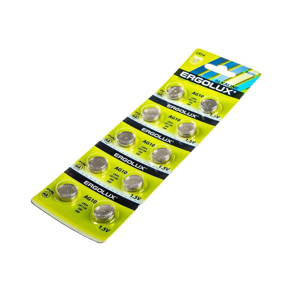Ergolux AG10  BL-10 (AG10-BP10, LR54 /LR1130 /189 /389 батарейка для часов)(10 шт. в уп-ке), 14321