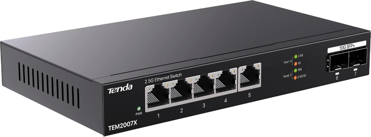 Коммутатор/ Tenda TEM2007X Коммутатор неуправляемый, 7 портов, RJ-45 5х2,5 Гбит/с, SFP+ 2х10 Гбит/с, настольный, металлический корпус