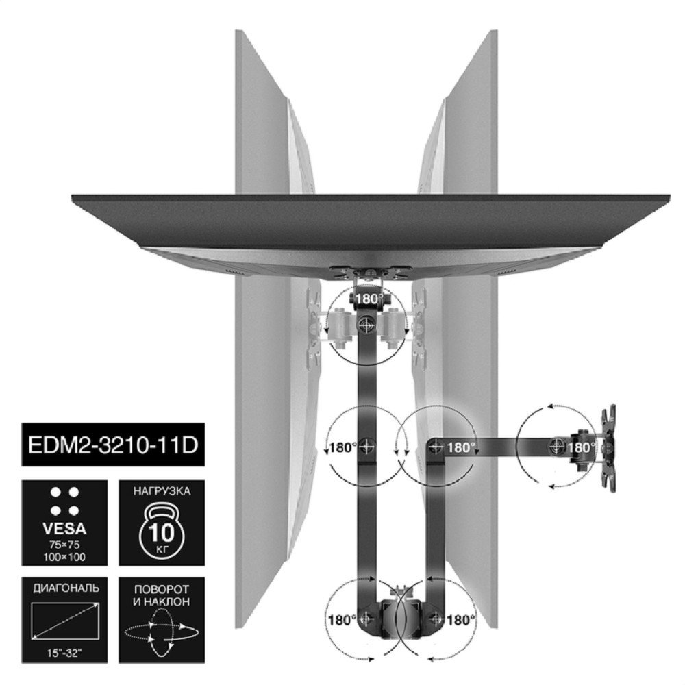 Exegate EX297364RUS Настольная подставка ExeGate EDM2-3210-11D (для для двух мониторов 15"-32", VESA 75x75, 100x100, макс. нагрузка на один кронштейн 10 кг, наклон -90°/+90°, поворот -90°/+90°, регули