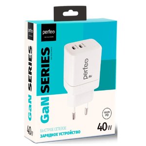 PERFEO Сетевое зарядное устройство с двумя разъемами TYPE-C, GaN, 40W, белый (I4662)