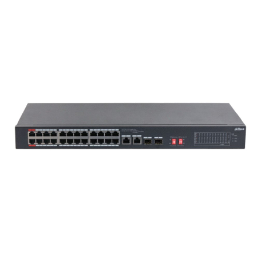 DAHUA DH-S3226-24ET-240 24-портовый неуправляемый коммутатор с РоЕ, 24xRJ45 100Mb PoE, 2хКомбо SFP/RJ45 1Gb uplink, суммарно 240Вт, коммутация 8.8 Гбит/с, MAC-таблица 8К