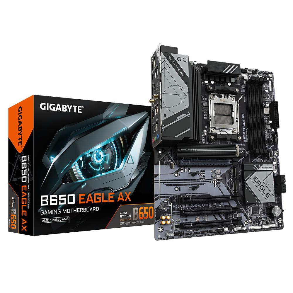 Материнская плата/ MB GIGABYTE AMD B650 sAM5, 4xDDR5(192GB), HDMI 2.1/DP, 1xPCIe 4.0x16, 3xPCIe 3.0x16, 1xLAN, 4xSATA 6Gb/s, 3xM.2, 1xUSB-C, 2xUSB 3.2, 6xUSB 2.0, 1xPS/2, ATX, B650 EAGLE AX