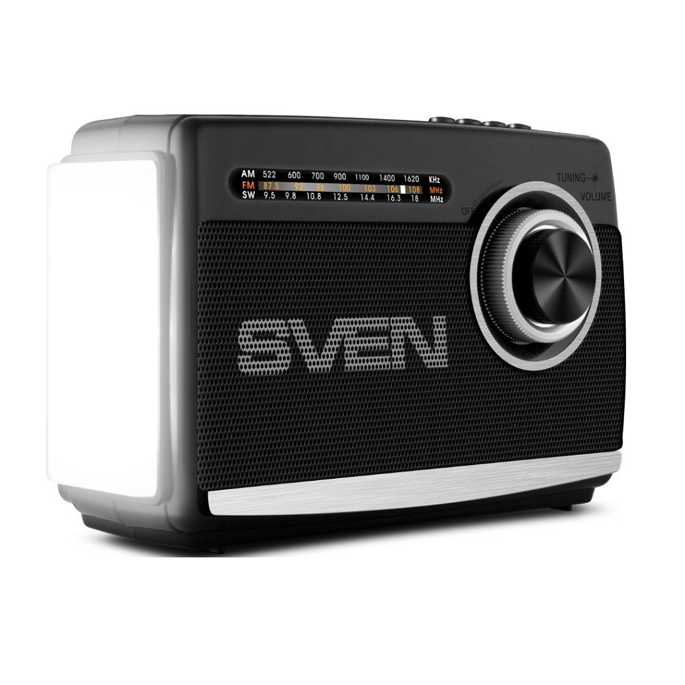 SVEN АС SRP-155, чёрный (3 Вт, Bluetooth, FM/AM/SW, USB, microSD, фонарь, встроенный аккумулятор), SV-022716