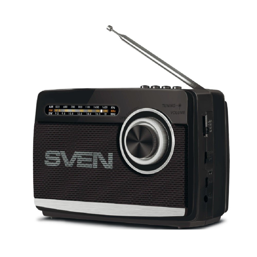 SVEN АС SRP-155, чёрный (3 Вт, Bluetooth, FM/AM/SW, USB, microSD, фонарь, встроенный аккумулятор), SV-022716