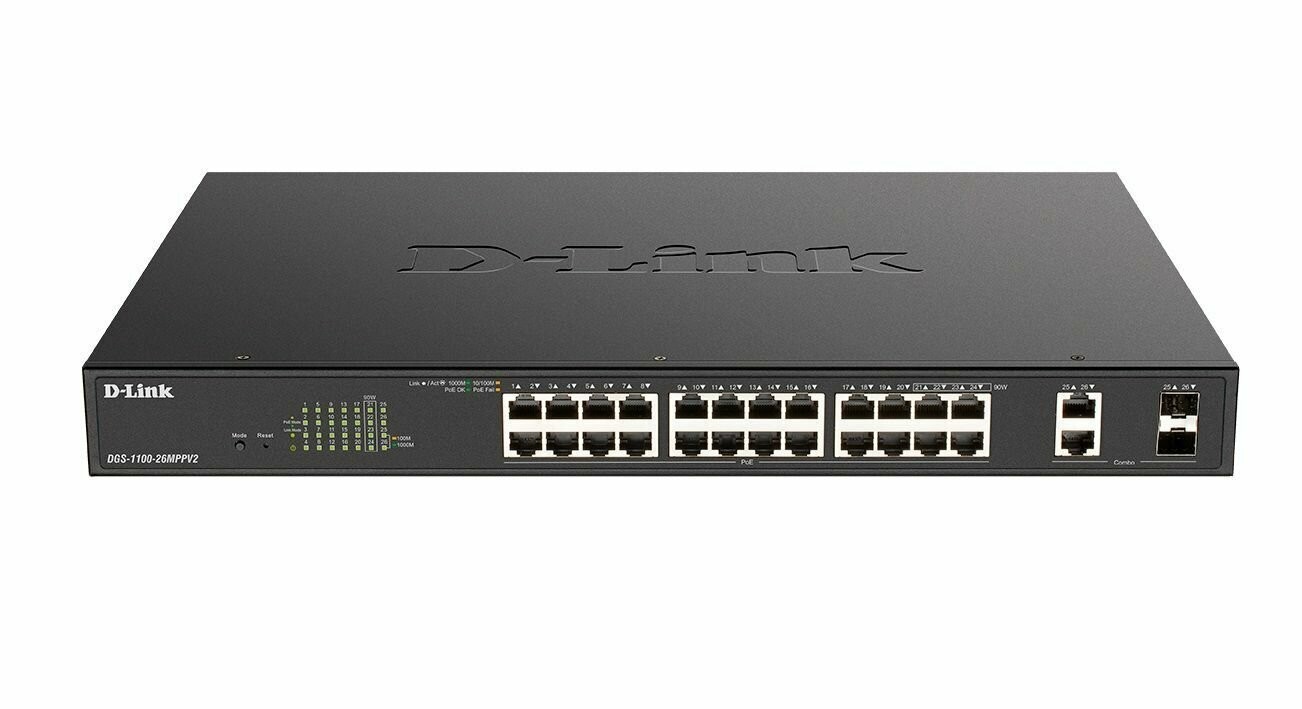Коммутатор/ EasySmart L2 Switch 24х1000Base-T PoE, 2xCombo 1000Base-T/SFP, PoE Budget 370W, DGS-1100-26MPV2/A3A