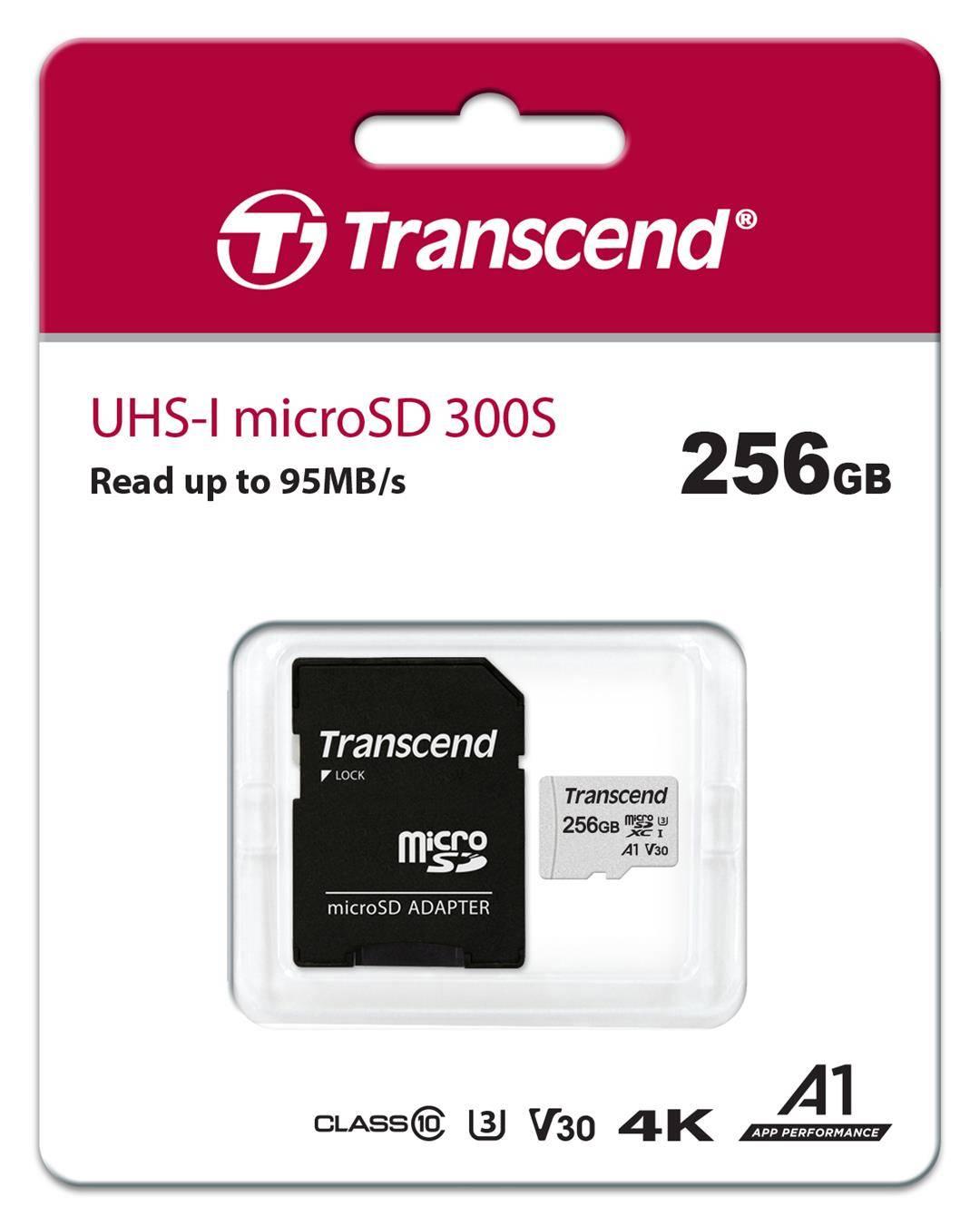 Флеш карта microSD 256GB Transcend microSDXC Class 10 UHS-I U3, V30, A1, (SD адаптер), TLC, TS256GUSD300S-A