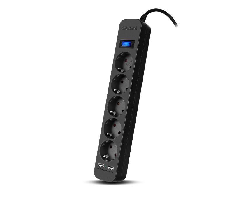 SVEN Фильтр SF-05LU 1,8 м (5 евро розеток,2*USB(2.4А)) черный, цветная коробка, SV-018832