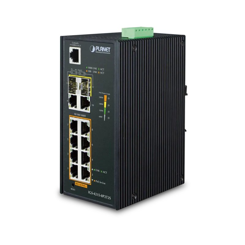 коммутатор/ PLANET IP30 Industrial L2/L4 8-Port 10/100/1000T 802.3at PoE + 2-Port 10/100/100T + 2-Port 100/1000X SFP Managed Switch (-40~75 degrees C), dual redundant power input on 48~56VDC terminal block, SNMPv3, 802.1Q VLAN, IGMP Snooping, SSL, SSH, ACL, IGS-4215-8P2T2S