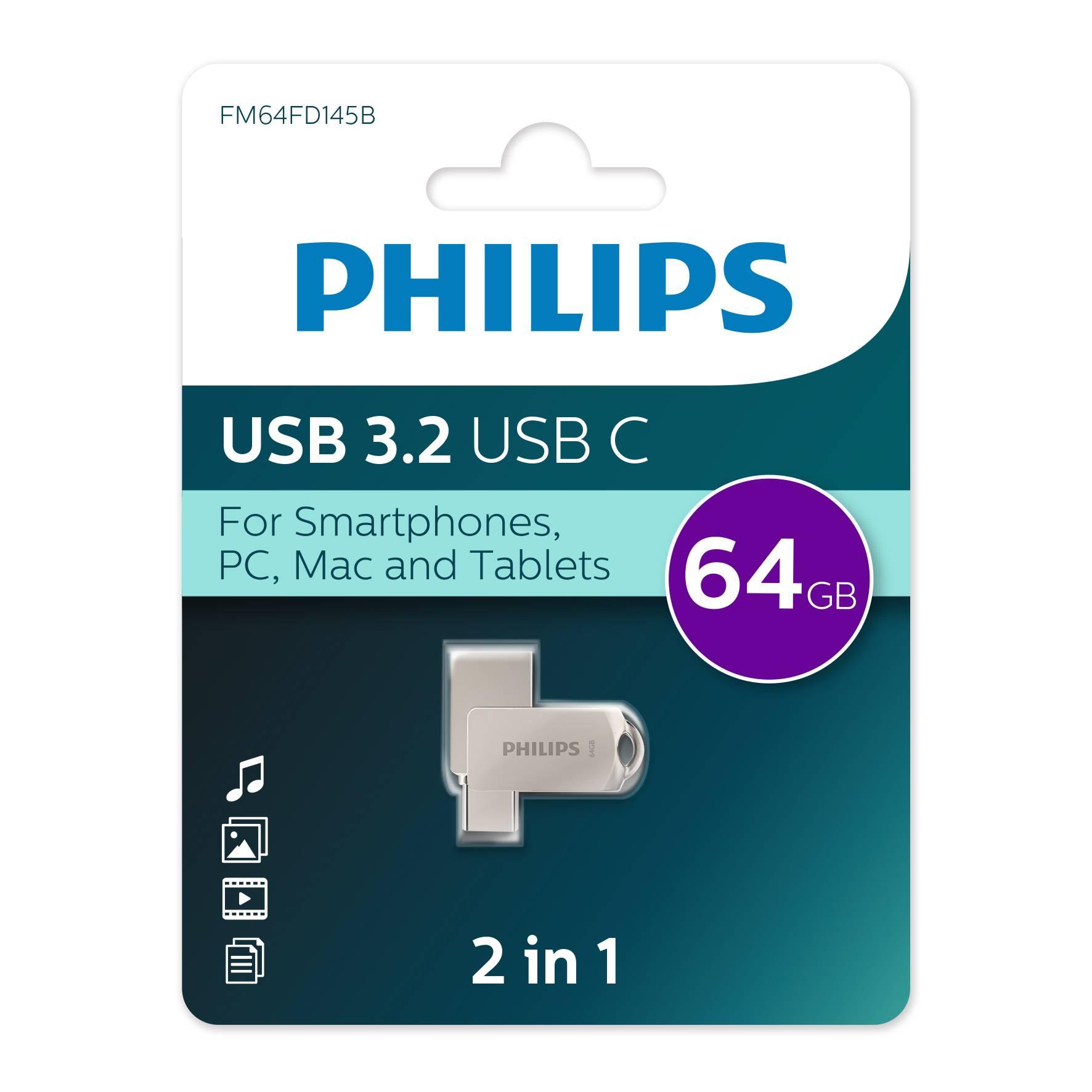 Флеш накопитель 64Gb PHILIPS 2-in-1 USB 3.2 USB C, OTG, USB 3.2/Type-C, Металл, 100 MB/s, FM64FD145B/97