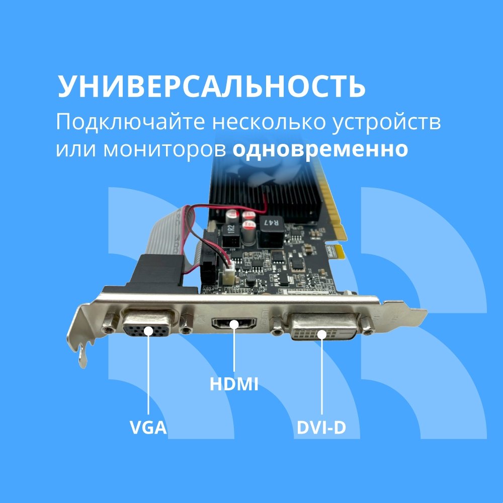 Видеокарта CBR GT710 2Gb DDR3, 64bit, 954Mhz, 1*HDMI + 1*DVI + 1*VGA, 29W, Ret [VGA-STX710-2G-RTL]