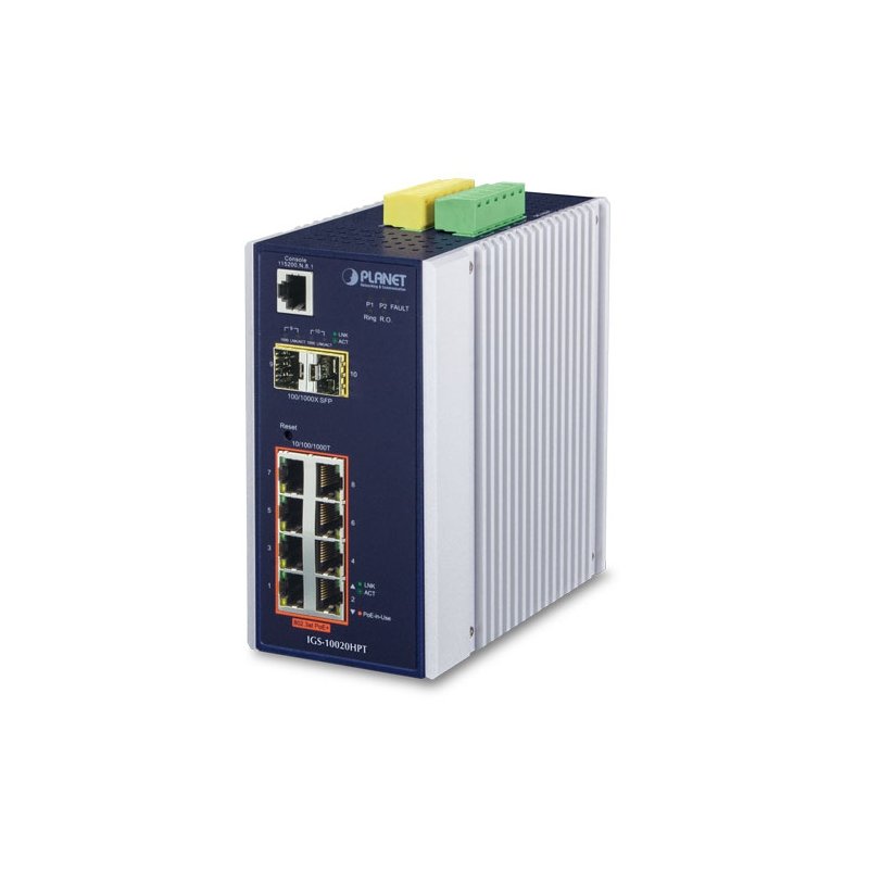 коммутатор/ PLANET IP30 L2+ SNMP Manageable 8-Port Gigabit POE+(AT) Switch + 2-Port Gigabit SFP Industrial Switch (-40 to 75 C), ERPS Ring Supported, 1588, IGS-10020HPT