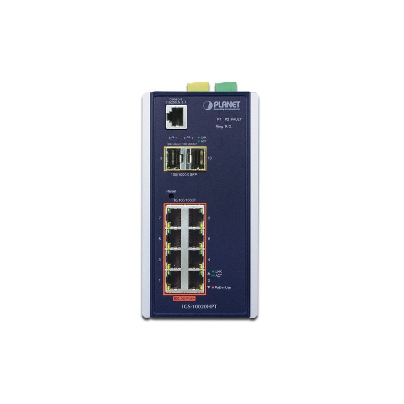 коммутатор/ PLANET IP30 L2+ SNMP Manageable 8-Port Gigabit POE+(AT) Switch + 2-Port Gigabit SFP Industrial Switch (-40 to 75 C), ERPS Ring Supported, 1588, IGS-10020HPT