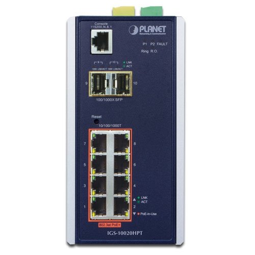 коммутатор/ PLANET IP30 L2+ SNMP Manageable 8-Port Gigabit POE+(AT) Switch + 2-Port Gigabit SFP Industrial Switch (-40 to 75 C), ERPS Ring Supported, 1588, IGS-10020HPT