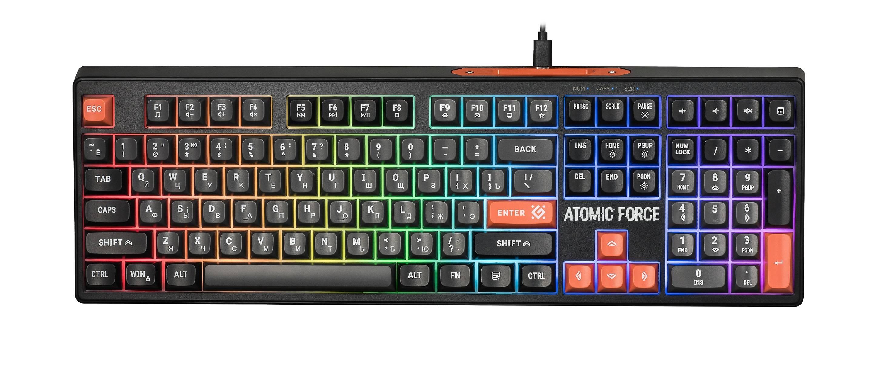 Defender Игровая клавиатура проводная Atomic Force GK-005 RU,чер/сер,108кн+FN,радуж,1.5м, 45005