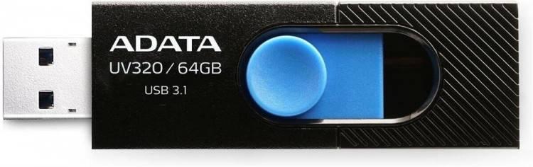 Флеш накопитель 64GB A-DATA UV320, USB 3.2, Черный/Голубой, AUV320-64G-RBKBL