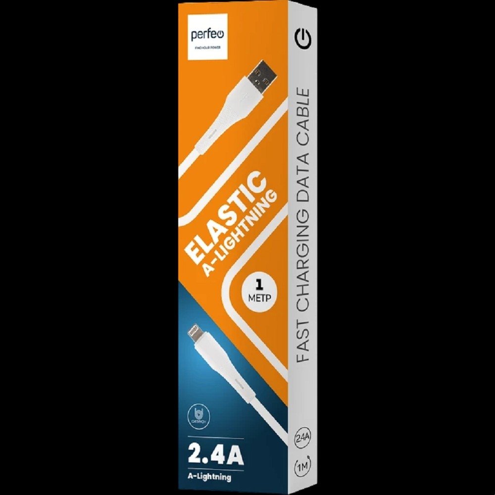 PERFEO Кабель USB A вилка - Lightning вилка, 2.4A, белый, силикон, длина 1 м., ELASTIC (I4338)