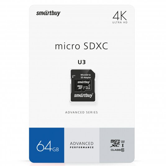 Micro SecureDigital 64GB Smartbuy Advanced Class 10/U3/V30/A1; R/W up to 90/55 (с адаптером SD), SB64GBSDU1A-AD