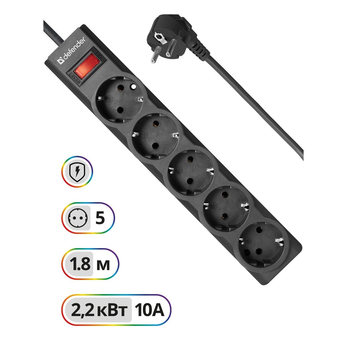 Defender Фильтр ES Largo 1.8 м, 5 розеток, черный [99497]
