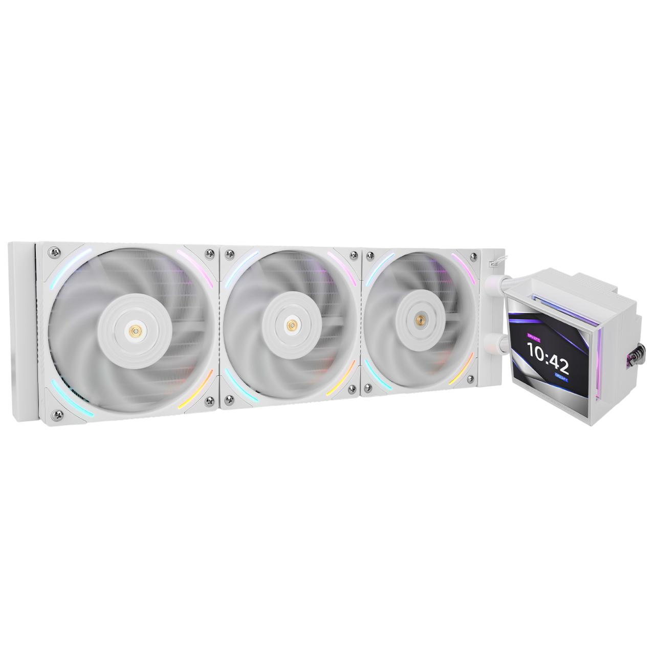 Водяное охлаждение для процессора/ Water Cooling System Thermalright Hyper Vision 360 (360mm, LED, White, ARGB/ Fans: 3x120mm, 69CFM, 27dBA, 2150RPM/ Pump height 68mm, 6400RPM, Rad thickness 27mm/ S: 1700, 1200, 1851, 115X, 2011, 2066, AM5, AM4), H-VISION-WH-360-ARGB