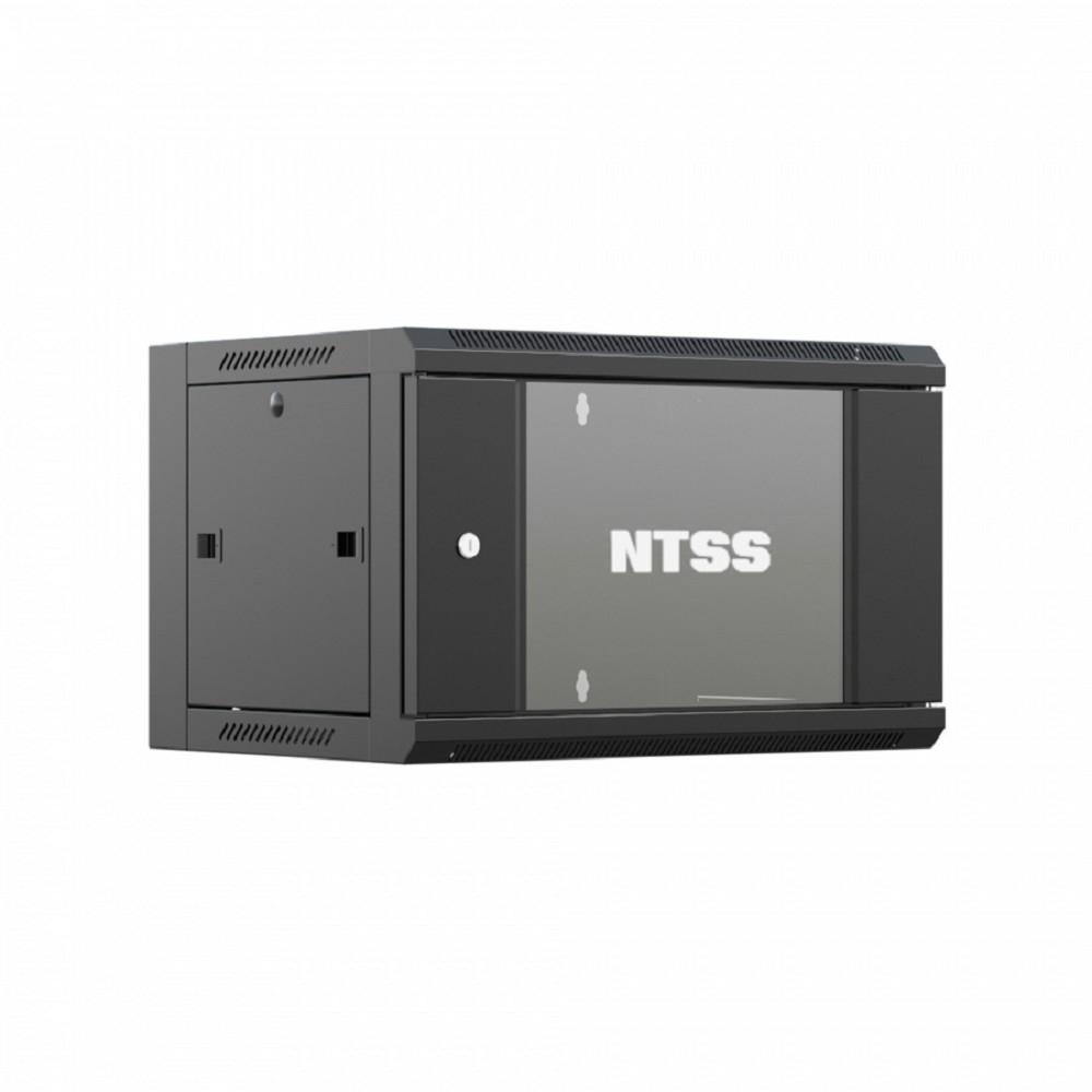 NTSS Шкаф настенный телекоммуникационный NTSS W 6U 600х600х370мм, 2 профиля 19, дверь стеклянная, боковые стенки съемные, задняя стенка, разобранный, черный RAL 9005 NTSS-W6U6060GS-BL
