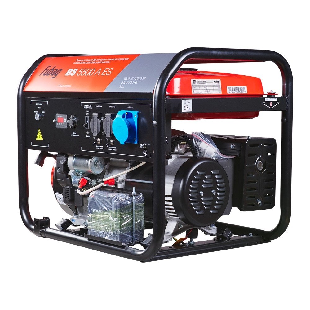 FUBAG BS 5500 A ES Электростанция бензиновая  [641691\646279] {Электростартер, 5.5 кВа/5.0 кВт, 230 В, 420 объем см3, 8,0/10,9 кВт, л.с., 78 дБ 7м, Время работы 3/4 нагрузки 9.8ч, 25 л бак, 80.6 кг}