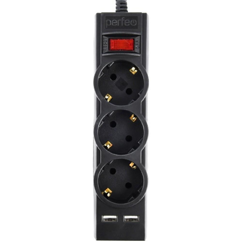 Perfeo сетевой фильтр "POWER-S", 1,8м, 3 розетки 10А, 2USB, 2500 Вт, двойная защита, черный., PF_E1639