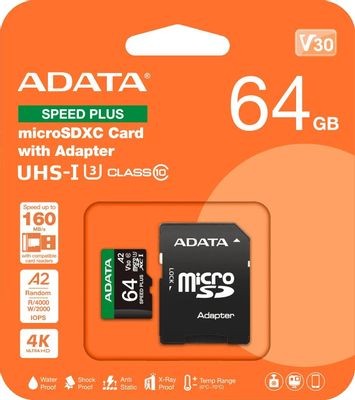 Флеш карта microSD 64GB A-DATA Speed Plus microSDXC Class 10 UHS-I U3 V30S A2 160/140 MB/s (SD адаптер), UD64GUI3V30A2SP-RA1