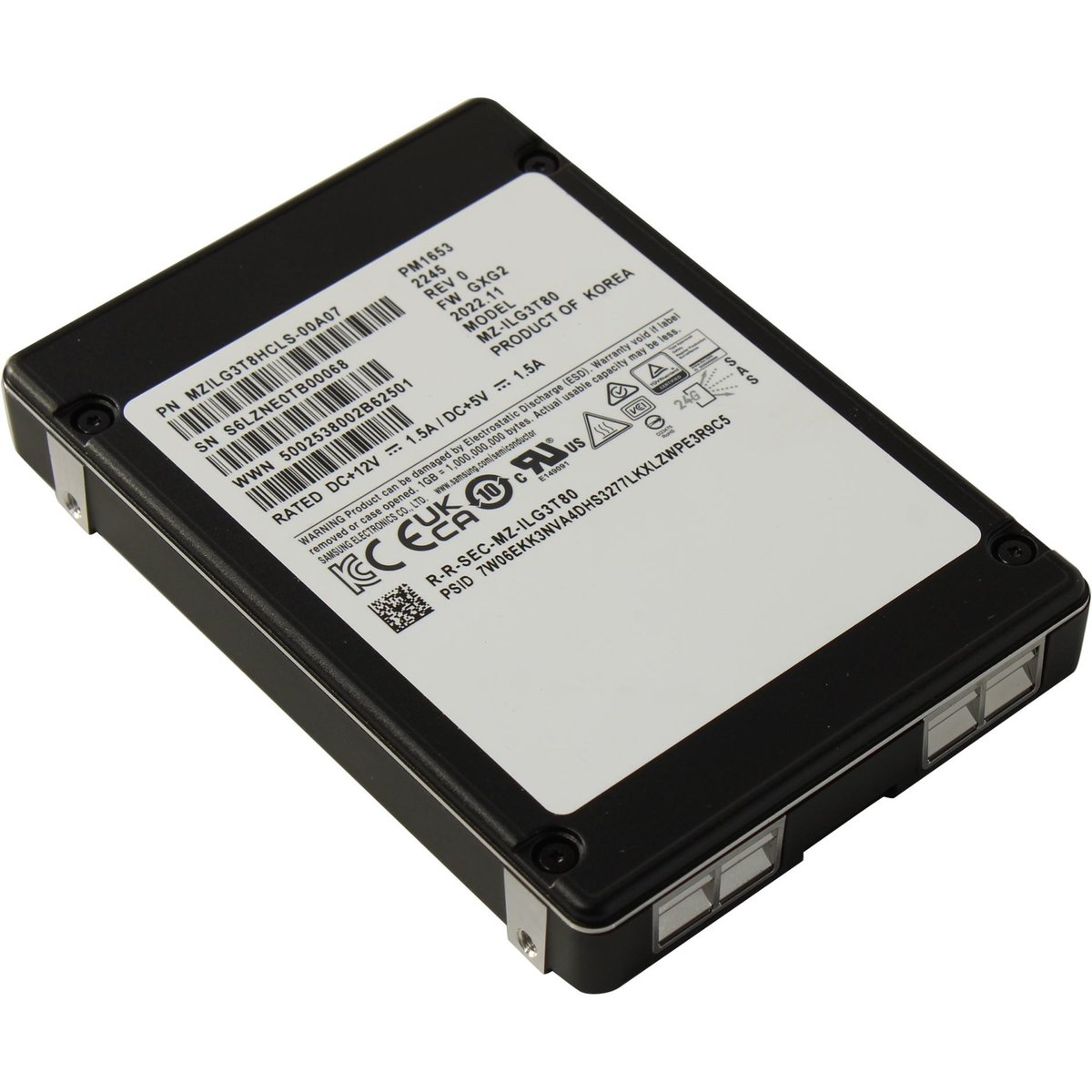 Samsung SSD PM1653, 3840GB, 2.5" 15mm, SAS 24Gb/s, 3D TLC, R/W 4200/up 3800MB/s, IOPs 770 000/135 000, TBW 7008, DWPD 1 (12 мес.) (MZILG3T8HCLS-00A07)