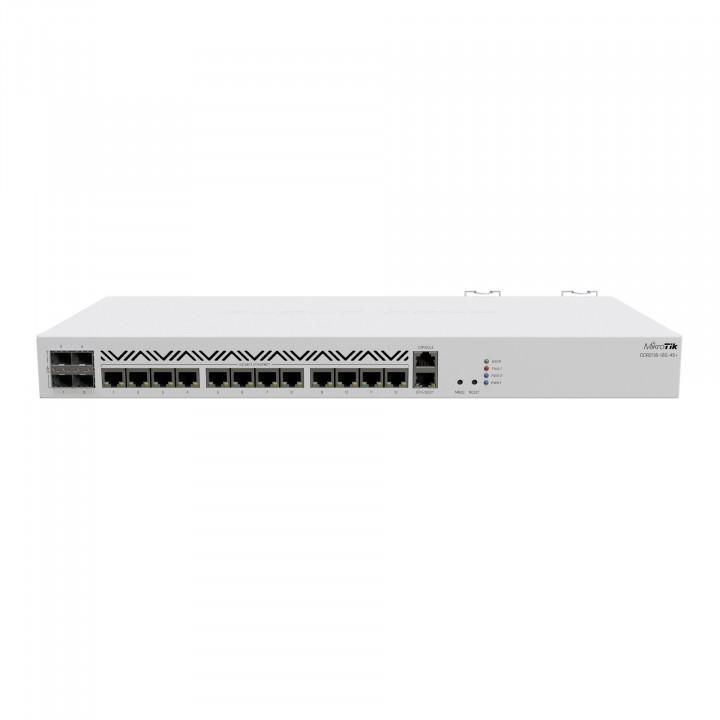 Маршрутизатор/ CCR2116-12G-4S+ Cloud Core Router with Amazon Annapurna Labs Alpine v3 AL73400 CPU (16-cores, 2GHz per core) and Marvell 98DX3255 switch-chip, 16GB RAM, 4xSFP+ cage, 13xGbit LAN, M.2 PCIe slot, RouterOS L6, 1U rackmount case, Dual PSU
