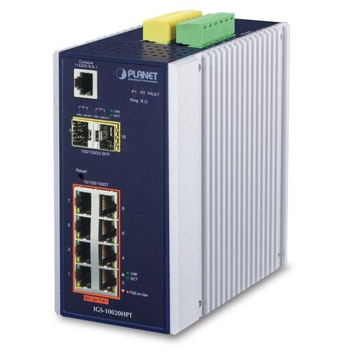 коммутатор/ PLANET IP30 L2+ SNMP Manageable 8-Port Gigabit POE+(AT) Switch + 2-Port Gigabit SFP Industrial Switch (-40 to 75 C), ERPS Ring Supported, 1588, IGS-10020HPT