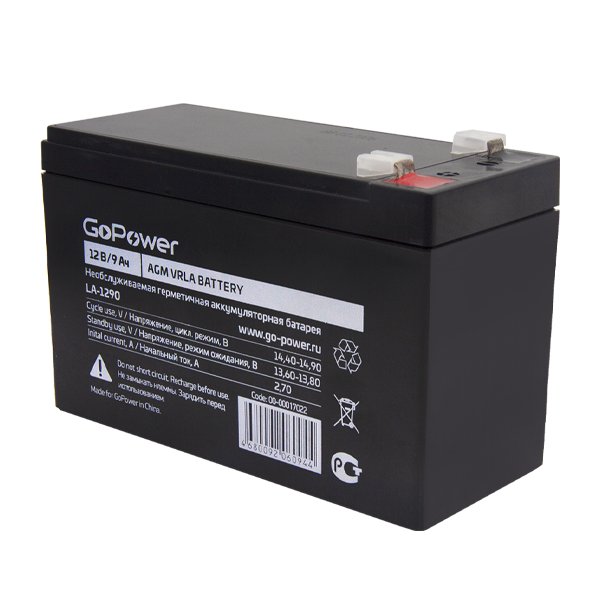 Аккумулятор свинцово-кислотный GoPower LA-1290 12V 9Ah клеммы T2/ F2 (1/5), 00-00017022