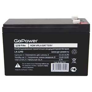 Аккумулятор свинцово-кислотный GoPower LA-1290 12V 9Ah клеммы T2/ F2 (1/5), 00-00017022