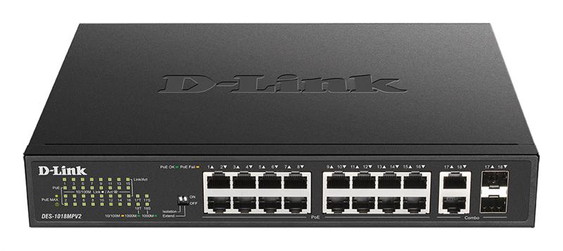 Коммутатор D-Link Unmanaged Switch 16x100Base-TX PoE, 2xCombo 1000Base-T/SFP, PoE Budget 247W, Long-range PoE up to 250m, metal case, DES-1018MPV2/A1A