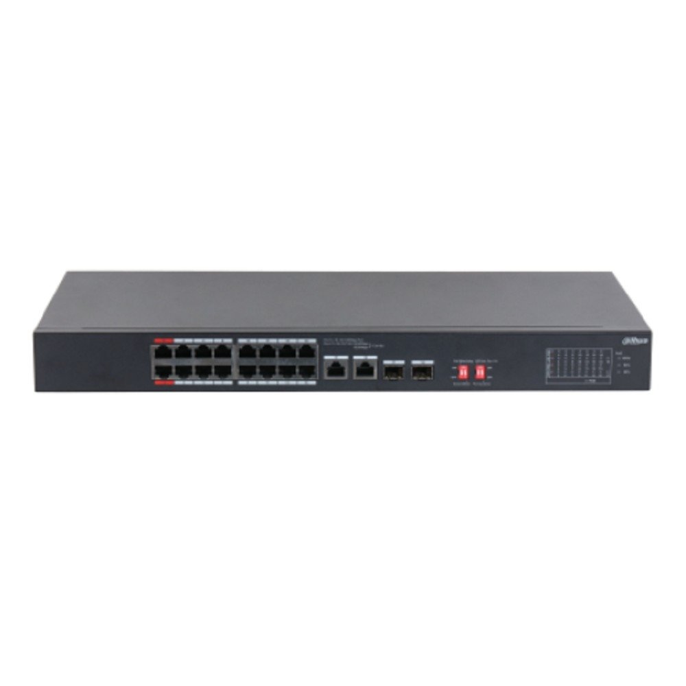 DAHUA DH-S3218-16ET-135 16-портовый неуправляемый коммутатор с РоЕ, 16xRJ45 100Mb, 2хКомбо SFP/RJ45 1Gb uplink, суммарно до 135Вт, коммутация 7.2 Гбит/с, MAC-таблица 8К