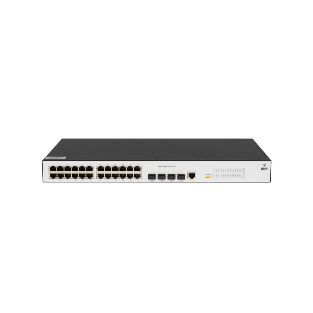 SNR-S2982G-24T-POE-E Управляемый гигабитный PoE коммутатор уровня 2, 24 порта 10/100/1000Base-T с поддержкой PoE, 4 порта 100/1000Base-X (SFP), бюджет PoE 370 Вт, встроенный БП ~220V AC.