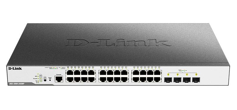 Коммутатор D-Link PROJ Managed L2 Switch 24x1000Base-T PoE, 4x10GBase-X SFP+, PoE Budget 370W, Surge 6KV, CLI, RJ45 Console, RPS, Dying Gasp, DGS-3000-28XMP/B1A