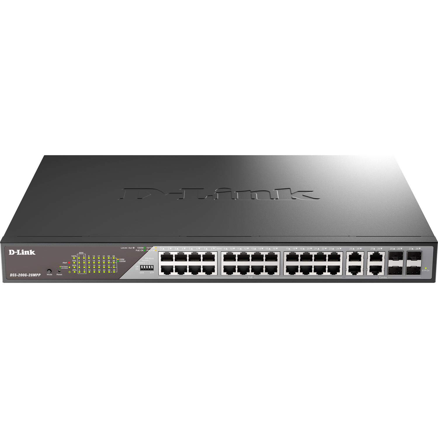 Сетевой коммутатор/ Smart L2 Surveillance Switch 24х1000Base-T PoE (8 PoE ports 802.3bt 90W), 4xCombo 1000Base-T PoE/SFP, PoE Budget 518W, Long-range PoE up to 250m, DSS-200G-28MPP/A1A