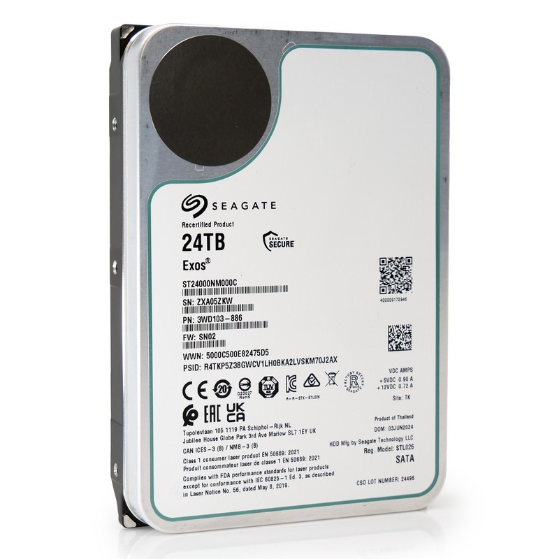 Жесткий диск/ HDD Seagate SATA3 24Tb Exos 7200 512Mb OFFICIAL RECERTIFIED MTBF - 2.5M hrs 1 year warranty (replacement ST24000NM002H, MG11ACA24TE, WUH722424ALE6L4, WUH722222ALE6L4, WUH722624ALE6L4), ST24000NM000C
