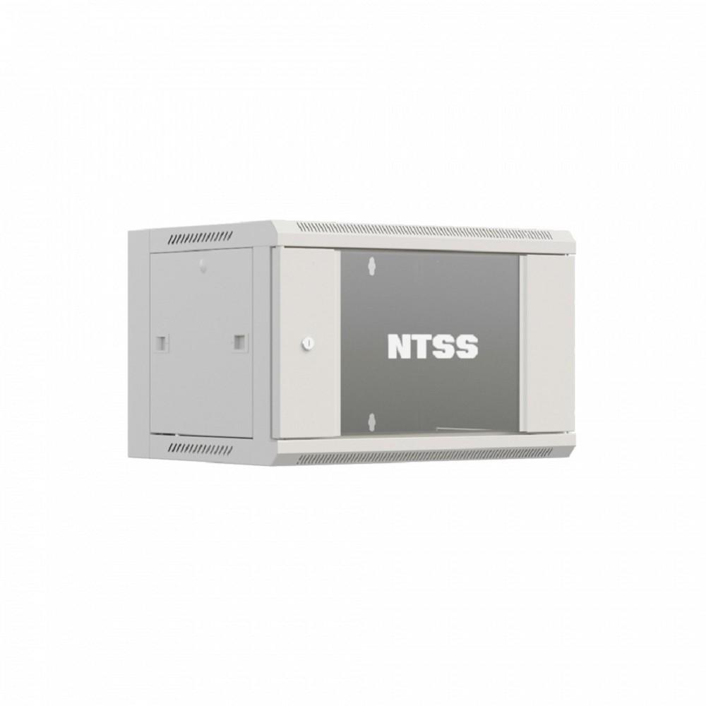 NTSS Шкаф настенный телекоммуникационный NTSS W 6U 600х450х370мм, 2 профиля 19, дверь стеклянная, боковые стенки съемные, задняя стенка, разобранный, серый RAL 7035 NTSS-W6U6045GS-2 (УТ000016830)