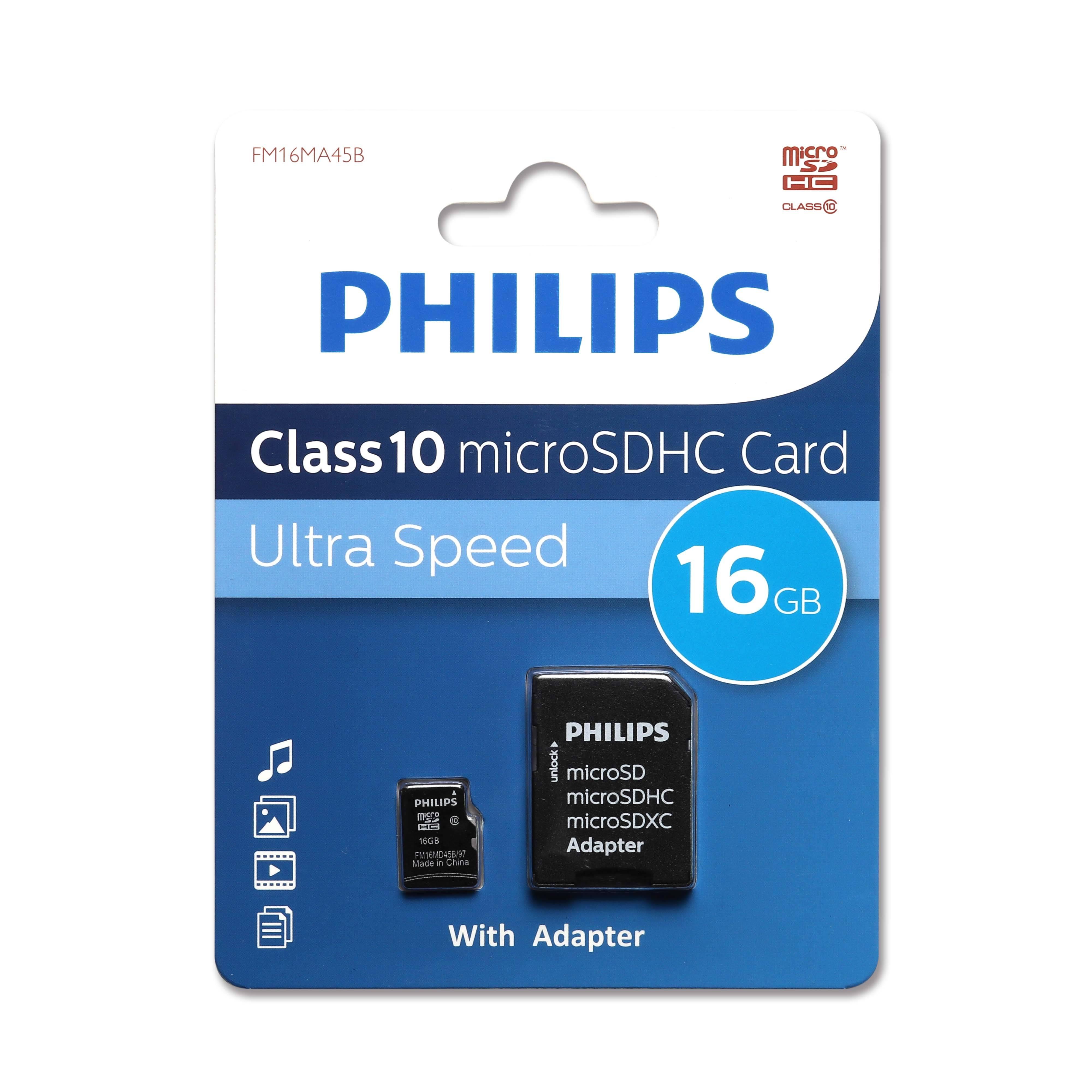 Флеш карта microSD 16GB PHILIPS microSDHC Class 10 (SD адаптер), FM16MA45B/97